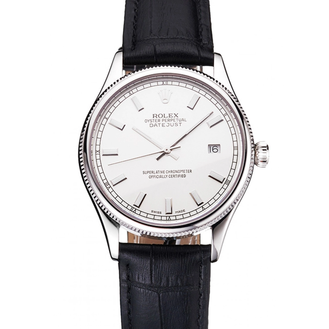 Aaa replica watch Datejust Strap Leather Case Stainless Swiss Rolex Dial Steel Black White 0801